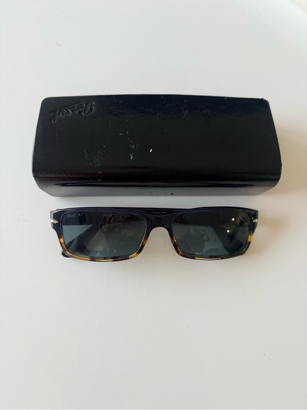 Persol Rectangular Tortoiseshell Frame Sunglasses with Dark Green Lenses